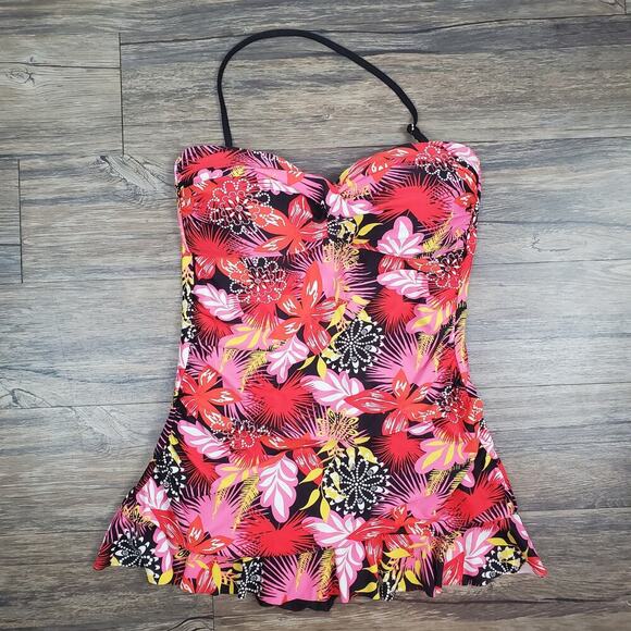 Sunshine Zone Red Floral Halter SwimsuitSz L (12/14) Tropical Retro Beach Ready - Picture 6 of 10